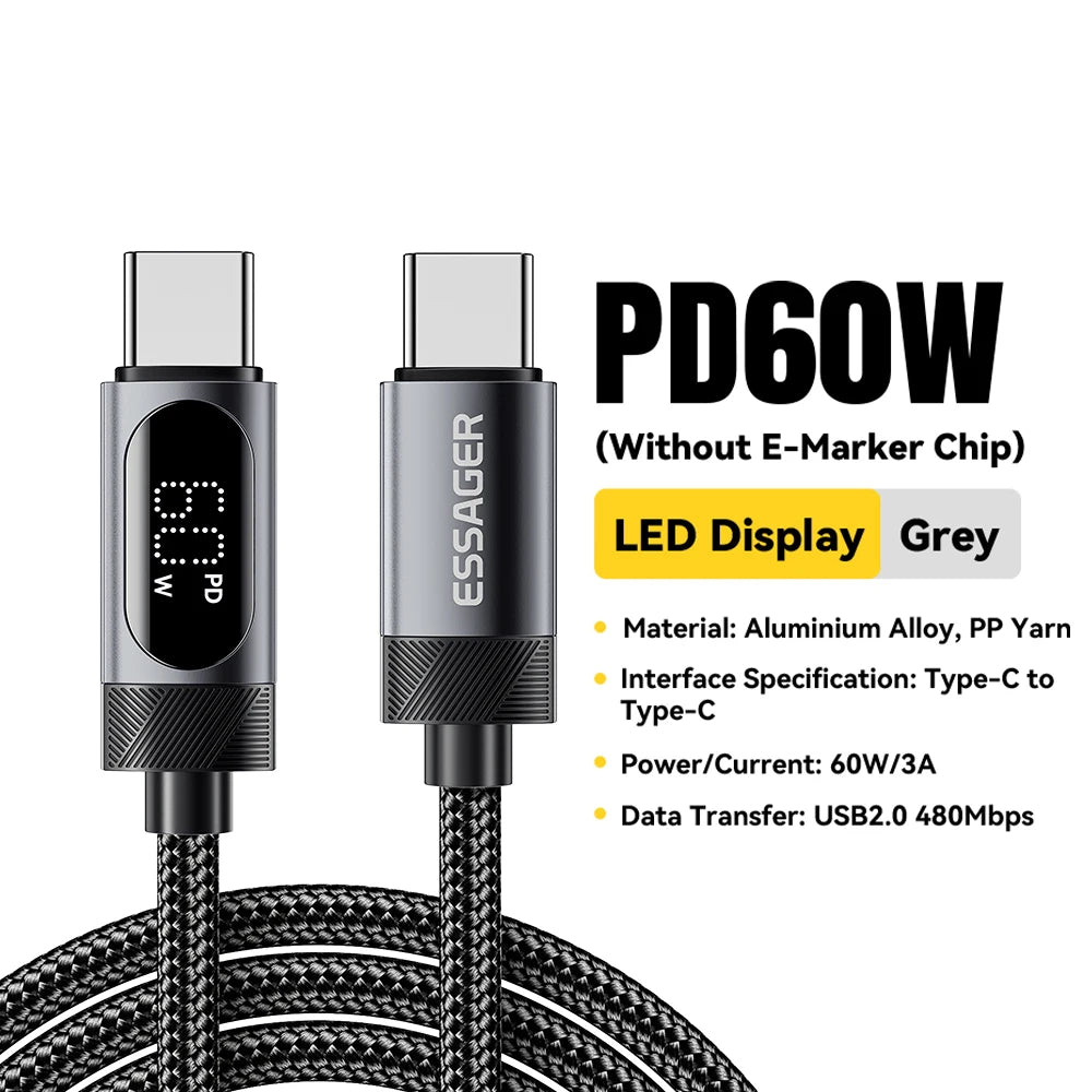 Câble USB de type C à affichage numérique, charge rapide PD 100W