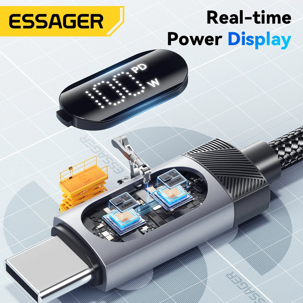 Câble USB de type C à affichage numérique, charge rapide PD 100W