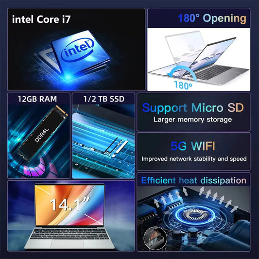 Ordinateur portable Windows 11, 12 Go de RAM, 1 To SSD, Intel Core i7, 7500U, résolution 2025x1920, 1080 ", ordinateur d'étude de bureau, nouveau, 14.1