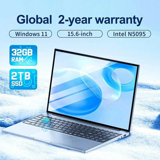 Ordinateur portable Windows 2025, 15.6 pouces, 32 Go de RAM, DDR4, 2 To SSD, PC Gamer Intel N5095, ordinateur de bureau, WiFi, rétro4.2, empreinte digitale, 11/10