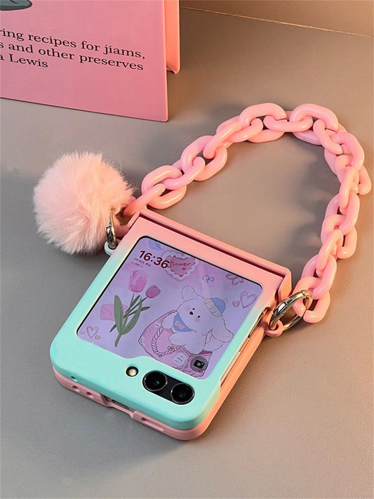 Jolie coque de téléphone bleue dégradée avec Bracelet Hariball rose pour Galaxy Z Flip