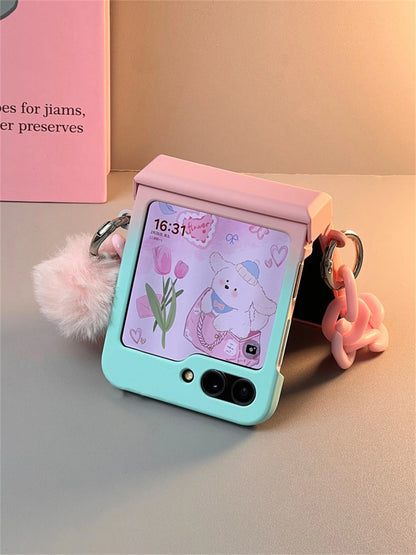 Jolie coque de téléphone bleue dégradée avec Bracelet Hariball rose pour Galaxy Z Flip