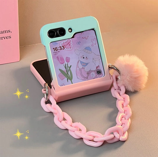 Jolie coque de téléphone bleue dégradée avec Bracelet Hariball rose pour Galaxy Z Flip