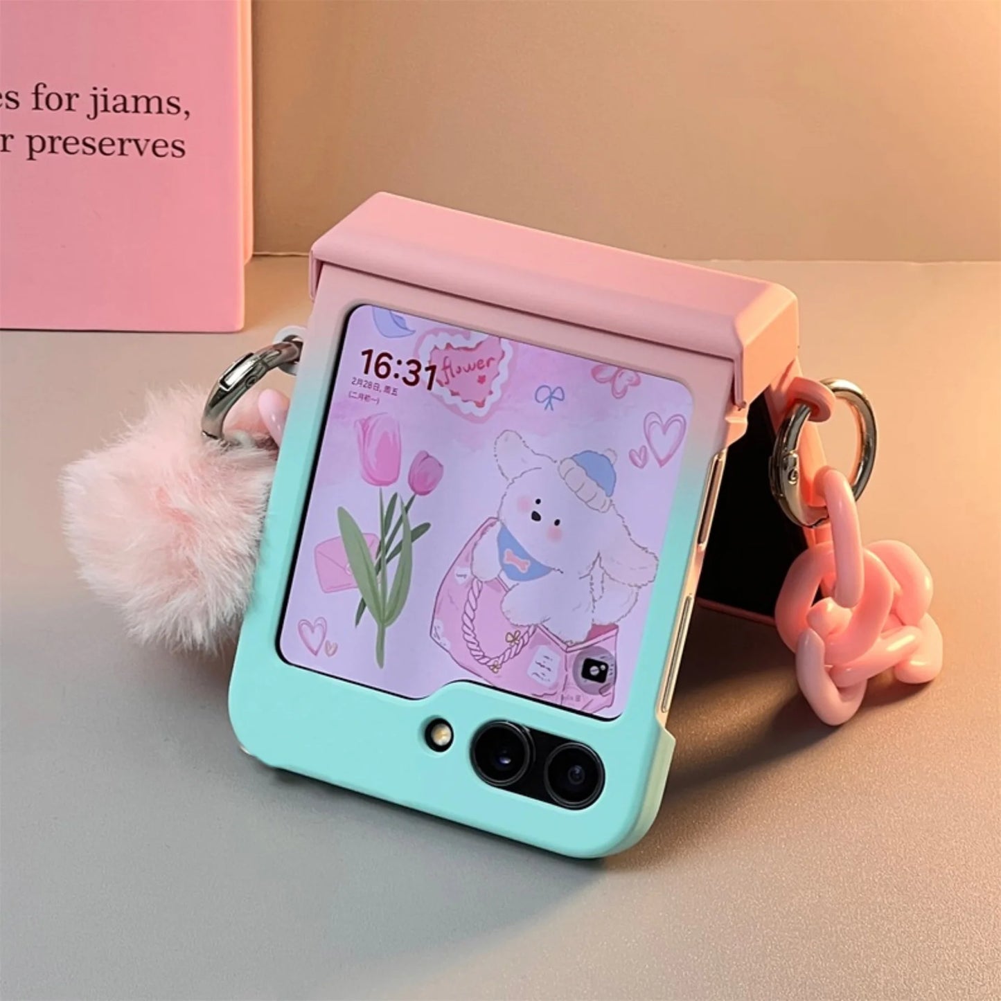 Jolie coque de téléphone bleue dégradée avec Bracelet Hariball rose pour Galaxy Z Flip